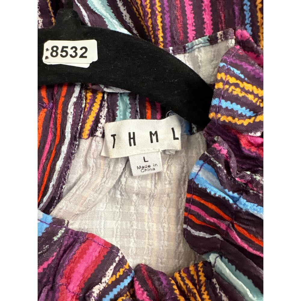 THML Multicolor Stripe Half Puff Sleeve High Collar Top Sz L - Picture 3 of 3